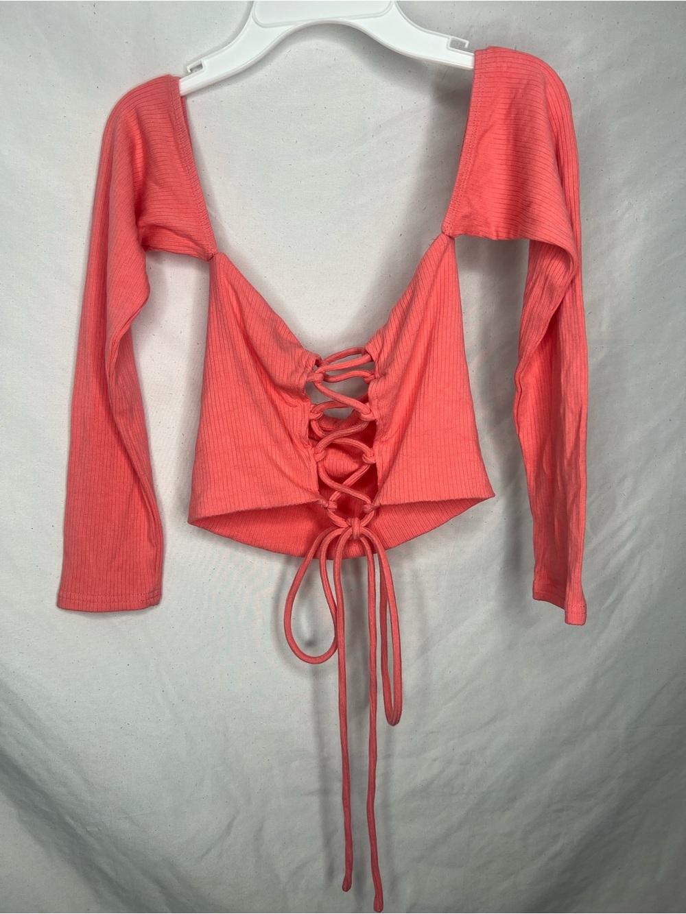 Fashion Nova Coral Ribbed Lace-Up Long Sleeve Crop Top
